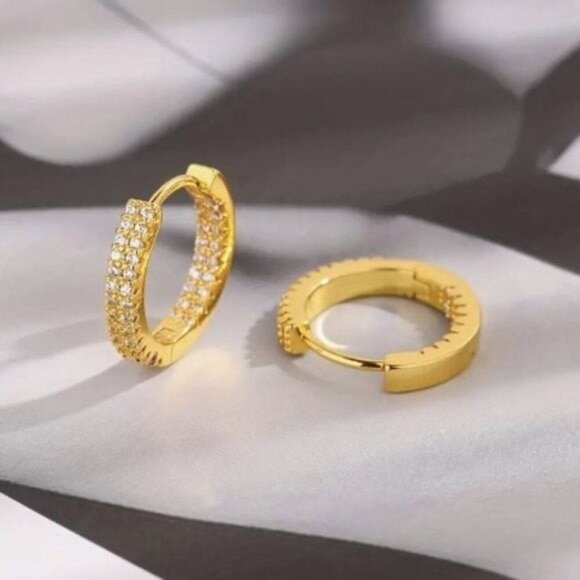 24k Gold Plated Sterling Silver Diamond Hoop Earrings - Picture 4 of 10